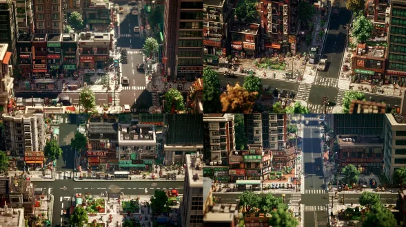a playable modern chinese city rpg map, closer top-down camera, medium-close overhead view, strictly top-down orthographic projection, flat hd-2d inspired 2d game map, showing only 2 to 3 connected city blocks, larger and more readable buildings, larger roads and sidewalks, clearly visible shopfronts and entrances, modern chinese residential buildings, convenience stores, bubble tea shops, restaurants, supermarkets, pharmacies, office buildings, bus stop, subway entrance, small plaza, pocket garden, electric scooters, bicycles, parked cars, trees and street furniture, tiny but readable 2d pixel art characters and npc sprites, explorable walkable routes, clear navigation paths, authentic modern chinese urban atmosphere, detailed pixel art textures, bright sunny daytime, gameplay-friendly layout, scene framed at a closer scale, not a huge city overview