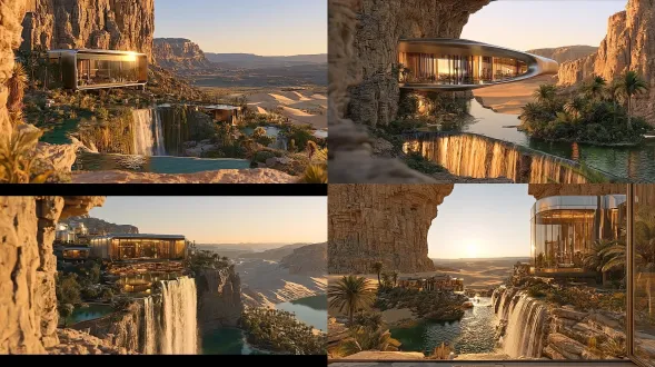 末世废土沙丘，沙漠嵌高科技绿洲，流水绿植环绕亮银居所，大广角镜头，暖金柔光，4k超清写实，色彩鲜亮饱满，安宁幸福，超广角构图，开阔视野，细腻纹理，自然光影。