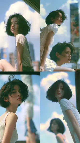 台湾文艺青春电影女主，短发白衣中国少女，浅景深构图，窗边柔光，暖调，大光圈镜头，明亮高亮度，低饱和度，细腻皮肤毛孔，根根分明眉流，温暖善良纯洁氛围感，真实胶片摄影。