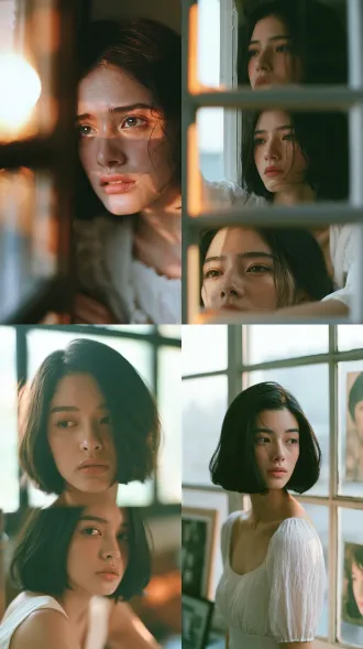 台湾文艺电影感青春女主，短发白衣中国少女，浅景深构图，窗边暖光，细腻皮肤毛孔，根根分明眉流感，明亮低饱和，真实胶片摄影，温柔纯净，50mm f1.4镜头