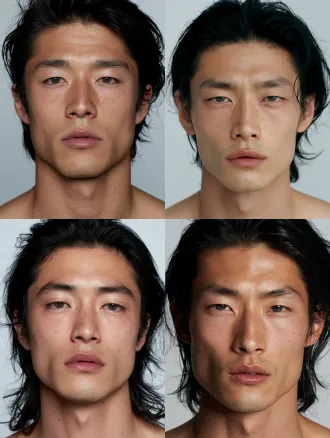 create a photorealistic, high-end east asian male beauty editorial portrait, using the uploaded image as the primary visual reference for facial proportions, aesthetic direction, hairstyle, and lighting. **facial structure:** a refined, elongated oval face with balanced vertical proportions, a smooth forehead, elegant cheekbones, a straight and well-defined nose bridge, a narrow refined nose tip, a clean and gently tapered jawline, and a moderately long chin. sophisticated masculine beauty with delicate, harmonious facial proportions. **eyes:** elongated almond-shaped east asian male eyes, naturally narrow horizontal eye openings, subtle inner double eyelids, gently hooded upper eyelids, softly tapered inner corners, and nearly straight outer corners with a slight downward inclination. deep smoky dark brown irises with subtle cool gray undertones, naturally detailed radial iris fibers, dark pupils, delicate corneal catchlights, realistic ivory-toned sclera, and naturally long, individually separated black eyelashes. a calm, direct, slightly languid gaze with quiet confidence and understated emotional depth. **eyebrows:** naturally dense, dark eyebrows with individually defined hairs, a relatively straight shape, a gentle natural arch, and clean but not artificially sculpted edges. **hair:** long, voluminous black hair swept back loosely from the forehead, naturally separated strands, subtle flyaway hairs framing both sides of the face, realistic hairline, detailed individual strands, and restrained glossy highlights. **skin:** fair east asian skin with realistic fine pores, subtle tonal variation, delicate natural highlights, soft skin translucency, and refined editorial retouching without a plastic or wax-like appearance. **expression and composition:** front-facing head-and-shoulders close-up, eye-level camera, direct eye contact, relaxed lips slightly parted, neutral and composed expression. the face occupies most of the frame, with both eyes clearly visible and sharply focused. **photography:** premium fashion magazine portrait, neutral light gray studio background, large soft frontal light source, gentle shadows defining the nose and jaw, realistic optical depth, high facial detail, natural color grading, crisp eyelashes and iris textures, photorealistic rendering. **preserve:** the overall facial proportions, elongated eye shape, dark iris color, long black hairstyle, understated masculine elegance, and refined east asian beauty aesthetic of the reference. create an original ai-generated character rather than a literal copy of a real person. **avoid:** cartoon features, anime eyes, oversized eyes, exaggerated double eyelids, heavy makeup, artificial eyelashes, unnaturally bright irises, excessive skin smoothing, overly sharp jaw angles, exaggerated facial symmetry, and artificial cgi skin.