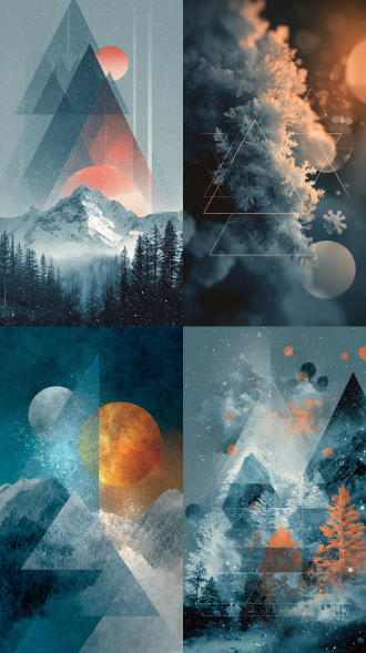 生成一幅具有创意的立冬海报，采用抽象风格，用冷暖色调的对比来表现立冬的寒冷与温暖的并存，比如冷色调的雪花与暖色调的室内灯光相互交织，画面中还可以有一些几何图形，如三角形代表山峰，圆形代表雪花，营造出独特的视觉效果。