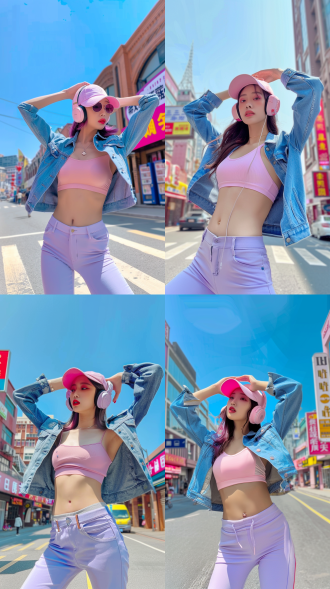 粉色帽子与耳机，露脐粉上衣，牛仔外套，薰衣草色紧身裤，双手扶头，站在街道上，背景建筑与彩色招牌，明亮蓝天，对角线构图，鲜艳色彩，广角镜头，自然光，都市风格，青春活力，自信表情，时尚潮流，高饱和度，动态姿势，现代感，阳光照射。