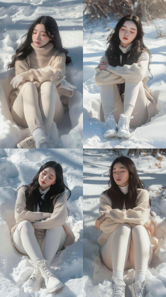 long-haired young woman with black hair, wearing a beige knitted sweater, a black tie, white tight pants, and white laced shoes, sitting cross-legged with eyes closed in the snow, arms crossed, in a tranquil winter scene. sunlight gently casts shadows on the snow, high resolution, shallow depth of field, natural light, cool tones, serene atmosphere, soft shadows, fine textures, reflected light on the snow, static composition, elegant ambiance, minimalist style. https://cdn-upload.qihuiai.com/images/image/20250726/29128104/73977204.jpg?image_process=resize,s_250