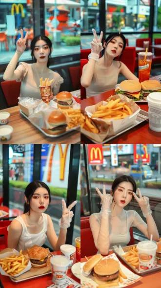 a young woman at a fast-food restaurant table, wearing a light-colored short-sleeve top, with plastic gloves on, making a peace sign. in front of her, on the tray, there are hamburgers, fries, drinks, and packaging bags. the background features red chairs and a glass window, with bright, natural light, a shallow depth of field, a 35mm lens, warm tones, a relaxed atmosphere, a realistic scene, and rich details. https://cdn-upload.qihuiai.com/images/image/20250729/29128104/32536104.jpg?image_process=resize,s_250