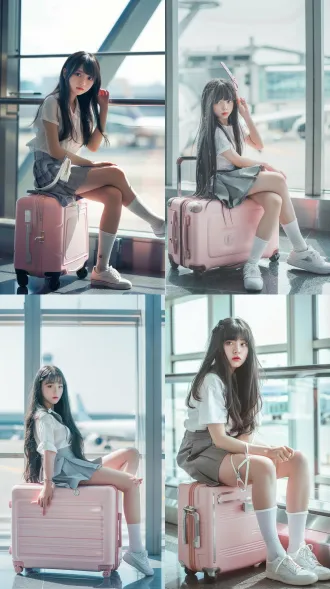 长发黑发女孩坐在粉色行李箱上，白色上衣灰色短裙白袜白鞋，比着剪刀手，机场航站楼大玻璃窗外停机坪建筑，自然光漫射，中焦镜头，浅景深，现代风格，柔和色调，轻松愉快，清新优雅，旅行氛围