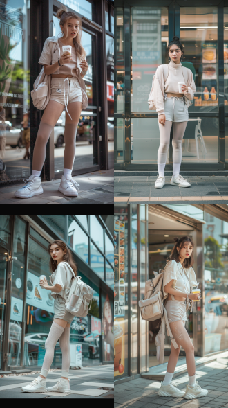 美丽年轻女性站在现代商业建筑外，穿着浅米色短上衣、浅灰色紧身裤、白色厚底运动鞋和白袜子，腰间系着白色衬衫，右手拿着饮料杯，背着浅灰色背包，建筑背景有玻璃门窗和食品广告，城市街道环境，自然光，广角镜头，浅景深，柔和色调，轻松氛围，现代都市风格。