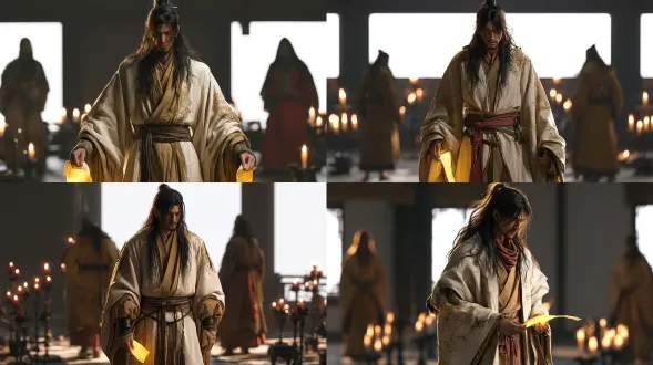 年轻俊美男子，长发束起，着绣金纹白道袍，持发光黄符咒，古老道观烛火环绕，黄金时刻逆光，体积光，浅景深，电影感，8k，octane渲染，16:9