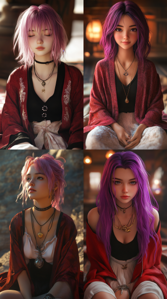3d rendering style, western girl's face, a girl with purple-pink hair sitting, wearing a red robe, black shirt and white dress with accessories, three-part composition, warm light long focal length, dreamy atmosphere, serene face, warm tones.