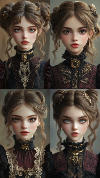 3d rendering style, the facial features of a european and american girl, a girl dressed in a victorian dark gothic style lolita princess costume