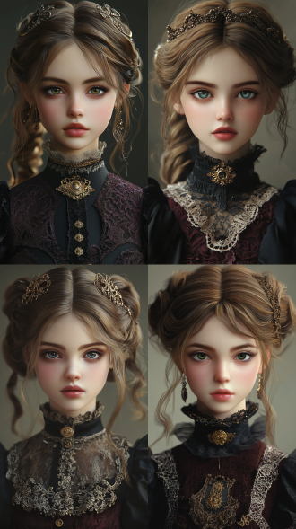 3d rendering style, the facial features of a european and american girl, a girl dressed in a victorian dark gothic style lolita princess costume
