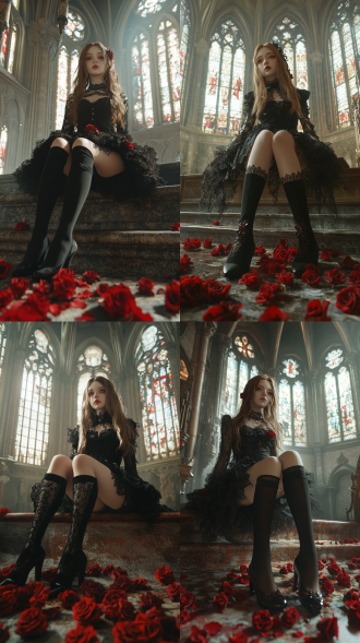 3d rendering style, facial features of a european and american girl, a girl wearing a dark gothic lolita princess costume of the victorian era, knee-high socks, black high-heeled shoes, dark red roses scattered on the ground, and a church with light filtering through the windows in the background ultra wide shot.