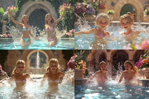 3d渲染欧美风格，欧美女孩五官特征，两位穿着泳衣的女孩戏水，中世纪花园泳池，清澈水面，鲜花环绕，拱形石雕，晴朗天空，明亮自然光，柔和阴影，女孩五官立体，金发碧眼，笑容灿烂，动态水花，高饱和度色彩，暖色调，景深效果，广角镜头，午后阳光，欢快氛围，优雅建筑细节。