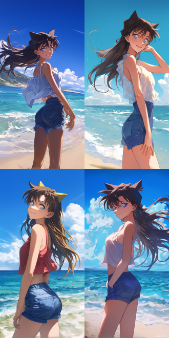 日本动漫风格，名侦探柯南画风，毛利兰穿着无袖短袖和超短牛仔裤，站在海边拍照，海风吹拂长发，微笑表情，阳光充足，蓝色大海背景，动态姿势，广角镜头，高饱和度色彩，柔和光线，青春活力，浪漫氛围，细节精致，皮肤光泽，自然光影，波浪拍岸，夏日感，清新明亮。