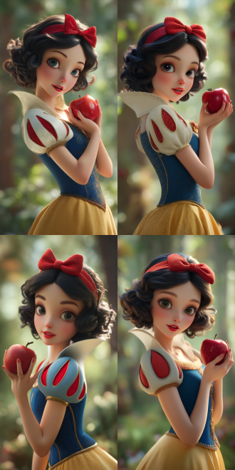 3d渲染，迪士尼风格，白雪公主女孩，甜美微笑，飘逸卷发，红色蝴蝶结发带，蓝黄公主裙，森林背景，柔和光线，童话氛围，童话光影，浅景深，梦幻色彩，温暖色调，精细纹理，高细节渲染，优雅姿态，手持红苹果，唯美构图，柔和阴影，生动表情，童话故事感