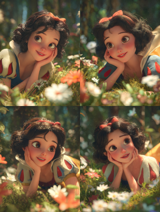 "3d渲染，迪士尼风格，美丽的白雪公主女孩，棕色波浪短发，梦幻森林，柔和光线，童话氛围，特写镜头，浅景深，明亮色彩，快乐微笑，优雅长裙，光影斑驳，花朵环绕，魔法光晕，细腻皮肤，柔和阴影，温暖色调，童话书插图，精细纹理，浪漫情感"
