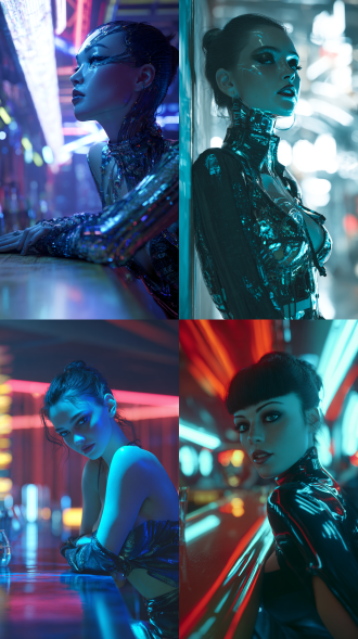 3d rendering, futuristic technology cyberpunk style, facial features of european and american girls, nightclub dancers leaning against the bar counter, perfect figure, neon lights flashing, futuristic decoration, metallic texture, contrast between cold tones and fluorescent colors, gorgeous makeup, leather and luminous fabric clothing, dreamy eyes, dynamic light and shadow, wide-angle lens, ambient occlusion, high-detail texture, virtual reality atmosphere the combination of a sense of technology and cyberpunk aesthetics