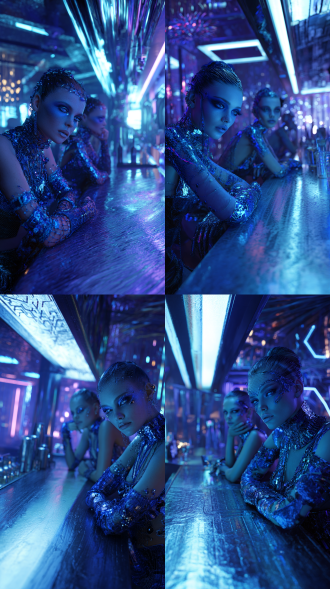 3d rendering, cyberpunk style, facial features of european and american girls, nightclub dancers leaning against the bar counter, neon lights flashing, futuristic decorations, metallic texture, contrast between cold tones and fluorescent colors, gorgeous makeup, leather and luminous fabric clothing, dreamy eyes, dynamic light and shadow, wide-angle lens, ambient occlusion, high-detail texture, virtual reality atmosphere, nightclub smoke the combination of a sense of technology and decadent aesthetics