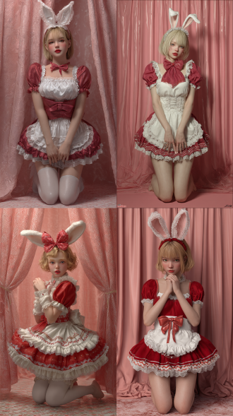 3d rendering, disney style, short golden hair, sweet and fresh makeup, the hem of a red lolita dress, white rabbit ears, a hair band with lace, a big red bow on the chest, a zigzag apron and white silk, standing barefoot in front of a pink gauze curtain, in a kneeling position