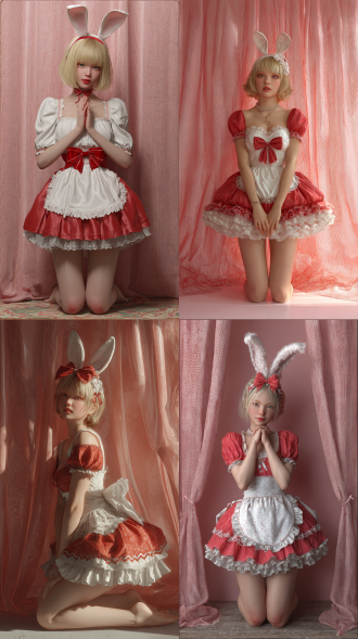 3d rendering, disney style, short golden hair, sweet and fresh makeup, the hem of a red lolita dress, white rabbit ears, a hair band with lace, a big red bow on the chest, a zigzag apron and white silk, standing barefoot in front of a pink gauze curtain, in a kneeling position