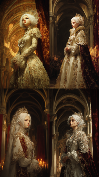 巴洛克美学，白发女性角色，华丽繁复的宫廷礼服，珍珠与金色刺绣装饰，深邃眼神，端庄优雅，教堂背景，拱形穹顶，烛光照明，暖金色调，戏剧性阴影，35mm镜头，柔焦效果，油画质感，细腻笔触，高贵神秘，暗红与金色交织，丝绒窗帘，古典立柱，侧逆光，微微仰视角度。