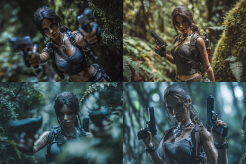 laura croft silicone doll, highly realistic style, fine facial details, iconic vest and shorts outfit, holding two guns, dynamic pose, jungle background, moist leaves, natural light filtering through the canopy, strong contrast of highlights and shadows, close-up shot, shallow depth of field, macro photography, cool tones, metallic luster, realistic leather texture, determined expression, adventurous atmosphere.