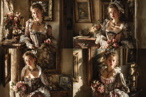 "写实风格，欧美女性的精致五官，中世纪女仆装美女，古典庄园背景，柔和自然光，浅景深，85mm定焦镜头，优雅站姿，细腻蕾丝装饰，复古暖色调，端庄微笑，手捧鲜花，木质家具细节，油画质感，暖阳斜射，宁静高贵氛围"