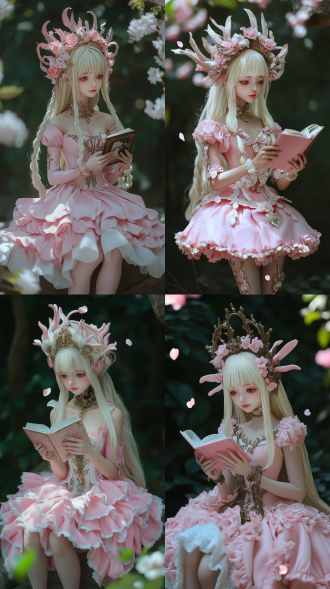 女孩坐在花园中，阳光透过树叶洒落，花瓣飘舞，柔焦效果，自然光，浅景深，微笑，白色连衣裙，草帽，捧着一本书，温暖色调，宁静氛围，背景繁花盛开，微风吹拂，悠闲午后，细节丰富，胶片质感，85mm镜头，逆光，柔和阴影，治愈感。