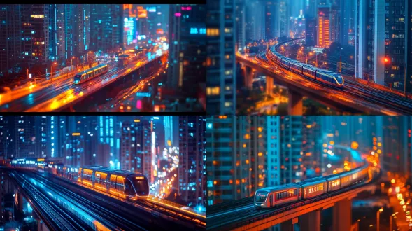 重庆李子坝轻轨站夜景，轻轨穿楼，深青与橙红霓虹色调，微缩移轴，俯拍，浅景深，塑料质感，8k，富士中画幅，120mm微距移轴，长曝光。