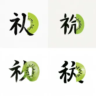 chinese character logo design, the character "饴" (yi), left side food radical "饣" in bold brush stroke, right side replaced by a cross-section of kiwi fruit, radial black seeds, white core, green flesh, flat vector style, minimal, brand logo, white background, centered, clean lines