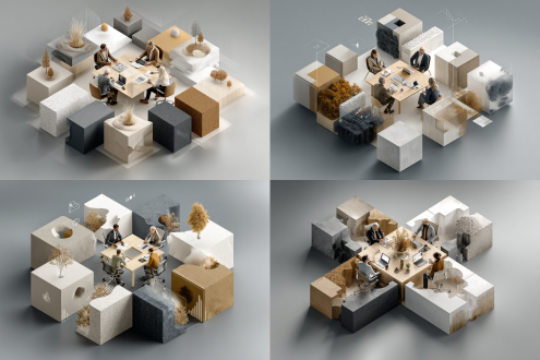 "团队讨论3d产品模型，围坐在现代会议桌旁，专注表情，商务着装，极简纯色背景，柔和均匀光，等距视角，高清渲染，冷色调，专业氛围，细节清晰，中性表情，低饱和度，工作室灯光，几何构图。"