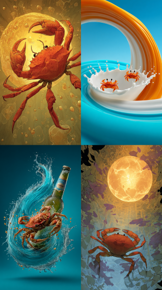 小龙虾和啤酒创意插画，海报背景素材，中心环绕构图，动感流畅，视觉张力，留白，渐变色背景，热烈，诱人的，高品质绘画，抽象