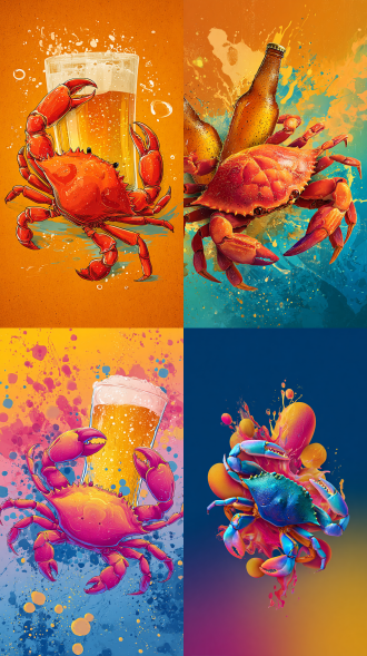 小龙虾和啤酒创意插画，海报背景素材，中心环绕构图，留白，渐变色背景，热烈，诱人的，高品质绘画，抽象