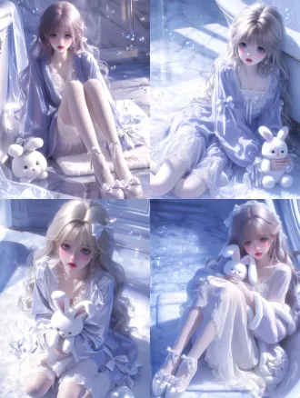 masterpiece, best quality, beautiful anime girl, dreamy japanese anime illustration, long wavy ash lavender hair, soft delicate bangs, luminous violet eyes, rosy cheeks, wearing a fluffy pastel lavender bathrobe with pearl white bows, translucent pale lavender lace nightdress, hugging a tiny white rabbit plush toy, sitting on a soft white bath rug in a clean elegant marble bathroom, a few floating iridescent bubbles, pale lilac reflections on the glossy marble floor, soft diffused sunlight, pearl-like highlights, delicate satin ribbons, airy lace sleeves, silky flowing hair, subtle silver lavender shimmer, dreamy ethereal atmosphere, pastel lavender and pearl white color palette, minimal luxury interior, uncluttered composition, soft shadows, exquisite fabric details, elegant full body illustration