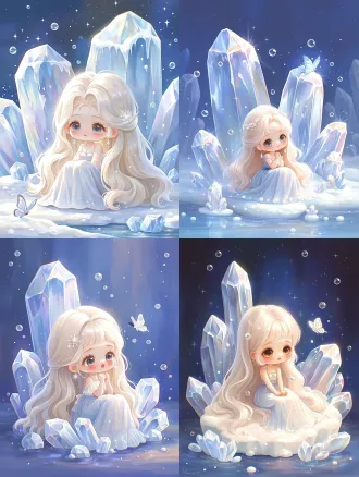 dreamy chibi girl sitting among translucent ice crystals, long soft platinum-blonde hair, pale blue transparent dress, delicate crystal butterfly resting beside her, icy blue and lavender palette, dark blue starry sky, tiny floating bubbles, soft white glow, elegant sparkles, clean simple composition, no clutter, magical anime illustration, polished glossy texture, ethereal atmosphere