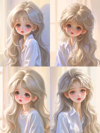masterpiece, premium semi-realistic japanese anime illustration, beautiful young adult girl, long silver-grey hair, soft side-parted bangs, smooth voluminous hair arranged in large flowing locks, broad silky highlights, clean hair silhouette, icy blue-grey eyes, delicate natural nose, soft lips, subtle blush, wearing a simple pale blue shirt with an open collar, minimal silver stud earrings, upper body portrait, head slightly tilted, gentle calm expression, soft natural window light, clean ivory background, faint warm shadows, realistic three-dimensional facial structure, luminous skin, sophisticated anime rendering, smooth cel shading, restrained details, elegant cool-toned palette, clean and uncluttered composition