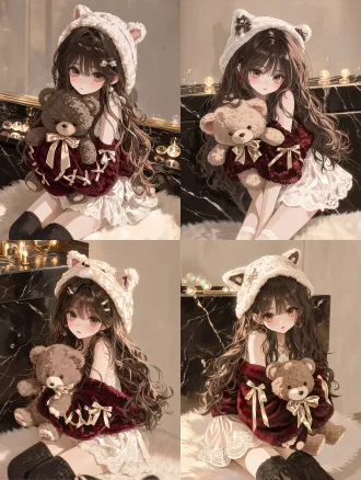 masterpiece, best quality, gorgeous anime girl, sophisticated japanese anime illustration, long voluminous dark chestnut hair with subtle cherry brown highlights, soft elegant bangs, amber eyes, rosy cheeks, wearing a luxurious deep cherry red fluffy robe with pale champagne gold ribbons, ivory satin lace nightdress, hugging a caramel brown teddy bear with a champagne gold bow, sitting on a plush ivory rug in a luxurious dark marble bathroom, black marble accents, warm golden vanity lights, a few iridescent transparent bubbles, subtle champagne gold reflections, glossy dark stone floor, silky hair, plush velvet-like fabric, delicate lace, elegant warm highlights, deep cherry red and pale champagne gold color palette, moody nighttime atmosphere, refined luxury, restrained decoration, clean composition, soft cinematic lighting, beautiful full body illustration