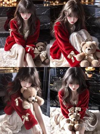 masterpiece, best quality, gorgeous anime girl, sophisticated japanese anime illustration, long voluminous dark chestnut hair with subtle cherry brown highlights, soft elegant bangs, amber eyes, rosy cheeks, wearing a luxurious deep cherry red fluffy robe with pale champagne gold ribbons, ivory satin lace nightdress, hugging a caramel brown teddy bear with a champagne gold bow, sitting on a plush ivory rug in a luxurious dark marble bathroom, black marble accents, warm golden vanity lights, a few iridescent transparent bubbles, subtle champagne gold reflections, glossy dark stone floor, silky hair, plush velvet-like fabric, delicate lace, elegant warm highlights, deep cherry red and pale champagne gold color palette, moody nighttime atmosphere, refined luxury, restrained decoration, clean composition, soft cinematic lighting, beautiful full body illustration