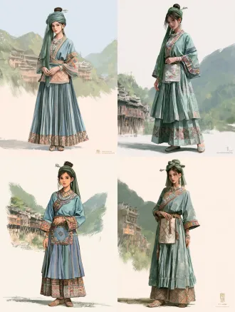 ⼀个中国⼥孩，⻓发，一位中国土家族年轻女子全身肖像，写实摄影风格。她头缠长长的青丝帕，发髻高挽，戴银簪和银项圈、银手镯。上身穿矮领右衽青蓝色土布上衣，领口镶三条彩色花边（"三股筋"），衣襟和袖口绣着彩色栏杆花边；下穿多褶 "八幅罗裙"，裙摆有几何织锦纹样，脚穿绣花鞋。腰间系绣花围腰，围腰上织着西兰卡普菱形勾纹。背景是湘西吊脚楼和青山。浅⾊背景，国⻛，⾦⾊的光，光线明亮，动漫，笔触，impasto