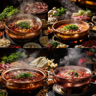 重庆火锅，热气腾腾，红油翻滚，麻辣鲜香，桌面摆满食材，牛油锅底，铜锅，传统中式风格，暗调背景，环境光，特写镜头，蒸汽效果，高饱和度，暖色调，美食摄影，诱人食欲，丰富纹理，动态感，浓郁色彩，热闹氛围，食欲激发