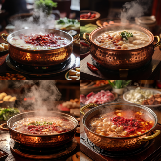 沸腾的重庆鸳鸯火锅，红白汤底对比鲜明，蒸汽缭绕，中式木桌，复古铜锅，周围摆满毛肚、黄喉等新鲜食材，暖色调灯光，俯拍视角，浅景深，50mm定焦镜头，高饱和度，诱人光泽，麻辣香气仿佛溢出画面，背景虚化有模糊的食客剪影，热闹氛围