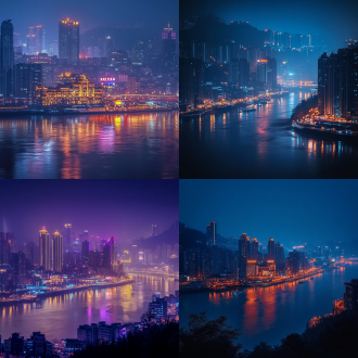 "重庆夜景，城市天际线，洪崖洞灯光，立体层次感，霓虹色彩，长曝光，广角镜头，低角度拍摄，雾气缭绕，江面倒影，现代与传统融合，暖色调，高动态范围，建筑物密集，山城特色，热闹氛围，深邃夜幕。"