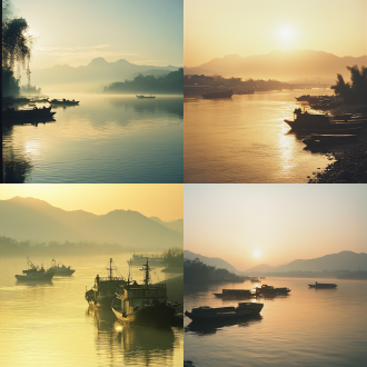 嘉陵江的早晨，薄雾笼罩，金色阳光洒在水面上，岸边渔船停泊，渔民忙碌，远处山峦若隐若现，宁静祥和，35mm镜头，自然光，逆光，柔和色调，细腻质感，水面倒影，晨雾朦胧，温暖氛围，平和情绪。