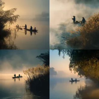 嘉陵江的早晨，薄雾笼罩江面，金色晨光穿透雾气，江岸芦苇摇曳，渔船悠闲漂行，渔民身着蓝布衣戴斗笠撒网，微笑满足，水墨画风格，柔和色调，长焦镜头，逆光拍摄，慢快门捕捉水流动态，宁静祥和。