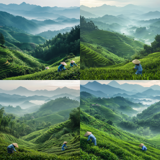 茶山竹海，清晨雾霭，层叠梯田与竹林交错，远山如黛，绿意盎然，采茶女子身着蓝白布衣，头戴斗笠，低头摘叶，柔和侧光，自然色调，浅景深，35mm镜头，宁静氛围，微露水珠，清新空气感