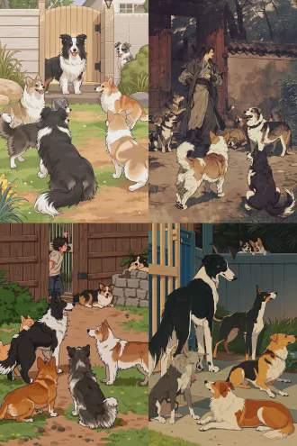 一个普通的傍晚。七只狗像往常一样在院子里玩耍。 将军突然站起来，走到院门口，朝着远方望了很久。 阿波罗走过来，蹭了蹭它的脖子。 柯基趴在它脚边，仰头看着它。 大壮靠过来，用身体贴着它。 灵缇蹲在它身后，尾巴轻轻摇着。 花花从墙角探出头，安静地看着它。 小黑钻到它肚子下面，找了个舒服的位置躺下。