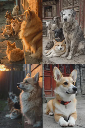 一个普通的傍晚。七只狗像往常一样在院子里玩耍。 将军突然站起来，走到院门口，朝着远方望了很久。 阿波罗走过来，蹭了蹭它的脖子。 柯基趴在它脚边，仰头看着它。 大壮靠过来，用身体贴着它。 灵缇蹲在它身后，尾巴轻轻摇着。 花花从墙角探出头，安静地看着它。 小黑钻到它肚子下面，找了个舒服的位置躺下。