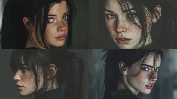 美国白种女人，黑发马尾，年轻貌美，坚强，眼神中带着沧桑，逼真写实摄影，现代剧