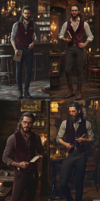 full body shot of a tall and lean russian restaurant owner, 30 years old, 182cm height. he has long dark hair tied in a half-bun (legolas style) and a well-groomed boxed beard. he is wearing delicate gold-rimmed glasses with a hanging gold chain. outfit: a deep burgundy velvet vest over a charcoal grey linen mandarin-collar shirt with rolled-up sleeves, dark trousers, leather boots. vibe: intellectual, mysterious, "dark alchemist" aesthetic, 19th-century russian aristocracy. details: holding an old leather notebook and a thermometer. background: a dimly lit rustic luxury restaurant interior with warm candlelight. style: cinematic photography, 8k, highly detailed textures, moody chiaroscuro lighting, photorealistic.