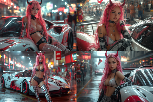 现实风格正常比例女性角色，粉色长发带角，未来感黑白格纹服装配过膝靴，倚靠红色点缀的白色跑车，赛道背景动感十足，方格旗与观众群，高速运动感，高细节，明亮多彩氛围，广角镜头，动态模糊，侧光，高对比度，霓虹色调，速度线，金属质感，自信表情，16:9比例，写实摄影风格